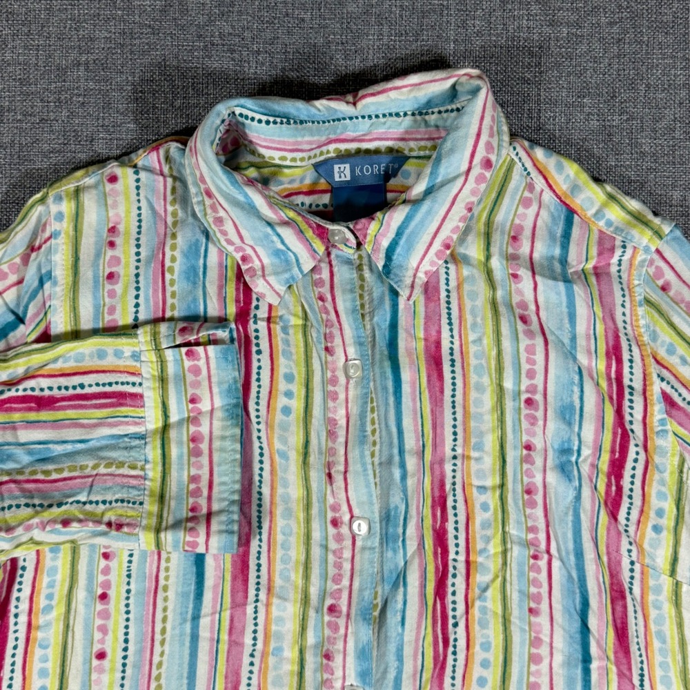 VTG Koret 3/4 Sleeve Button Up Shirt Womens L Multi Stripe Color Cotton Coastal